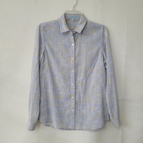 J Mclaughlin Top Womens 6 Blue Beige Lightweight Crinkle Gauze Button Up Classic - Picture 1 of 12